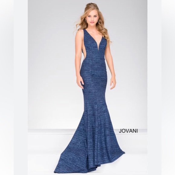 Jovani 45811 low back, plunging neckline blue glitter jersey mermaid gown Size 8 - Picture 1 of 15